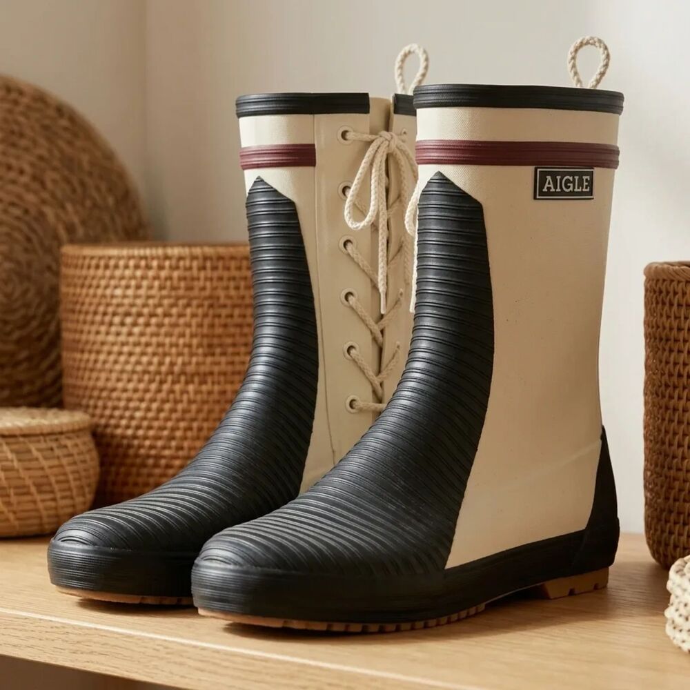 Aigle Cream/off-white with black rubber toe cap, heel, and sole; burgundy/dark